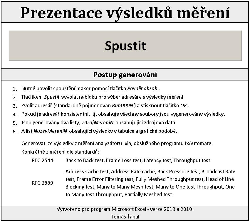 7 PREZENTACE VÝSLEDKŮ MĚŘENÍ K prezentaci výsledků měření bylo vytvořeno v programu Microsoft Excel makro využívající programovací jazyk Visual Basic, přesněji edici VBA Visual Basic for Application.