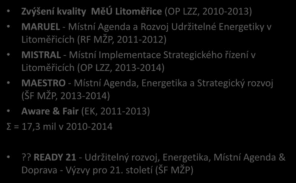 Financování strategického řízení v Litoměřicích Zvýšení kvality MěÚ Litoměřice (OP LZZ, 2010-2013) MARUEL - Místní Agenda a Rozvoj Udržitelné Energetiky v Litoměřicích (RF MŽP, 2011-2012) MISTRAL -