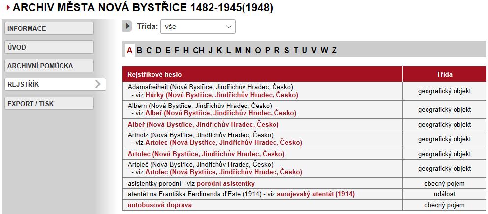 Využití rejstříky archivních pomůcek zobrazení