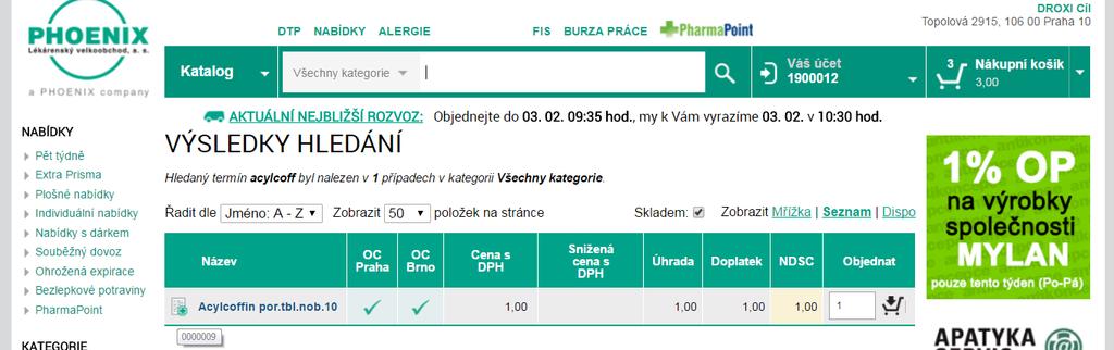 6. Zobrazení SÚKL kódu při najetí myší na ikonu zeleného kříže v seznamu vyhledaných produktů se