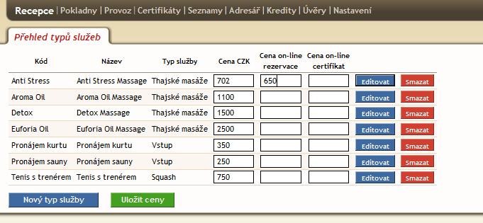 4.3. NASTAVENÍ CEN SLUŽEB ONLINE Nastavení cen pro online rezervace lze provést přímo v záložce Nastavení Produkty a ceny Služby nebo Balíčky.