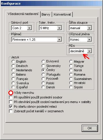 Pokud zvolíte volbu "vždy navrchu" v konfig. menu, SetEditS9500 bude vždy v popředí vašeho počítače.