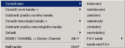 Všechny ostatní seznamy (satelity, zdroje, labely, transpondéry, atd.). Všechny kanály zvoleného seznamu budou přemístěny. Je-li zdrojem okno najít (např.