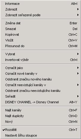 5.c Funkce kanálů Vyberte prosím kanály, které chcete editovat/upravit. Nejvíce možností funkcí získáte, kliknete-li pravým tlačítkem myši na seznam kanálů. Získáte tím místní nabídku seznamu kanálů.