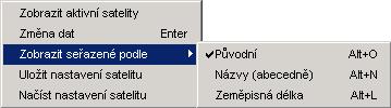 5.e Funkce satelitu Kliknete-li na satelit, budou zobrazeny pouze kanály a transpondéry tohoto satelitu. Kliknete-li pravým tlačítkem myši do okna satelitu, získáte následující místní nabídku.