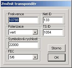 Možnost volby jednotlivých funkcí získáte, kliknete-li pravým tlačítkem myši na seznam transpondérů. Zobrazí se tak místní menu seznamu transpondérů.
