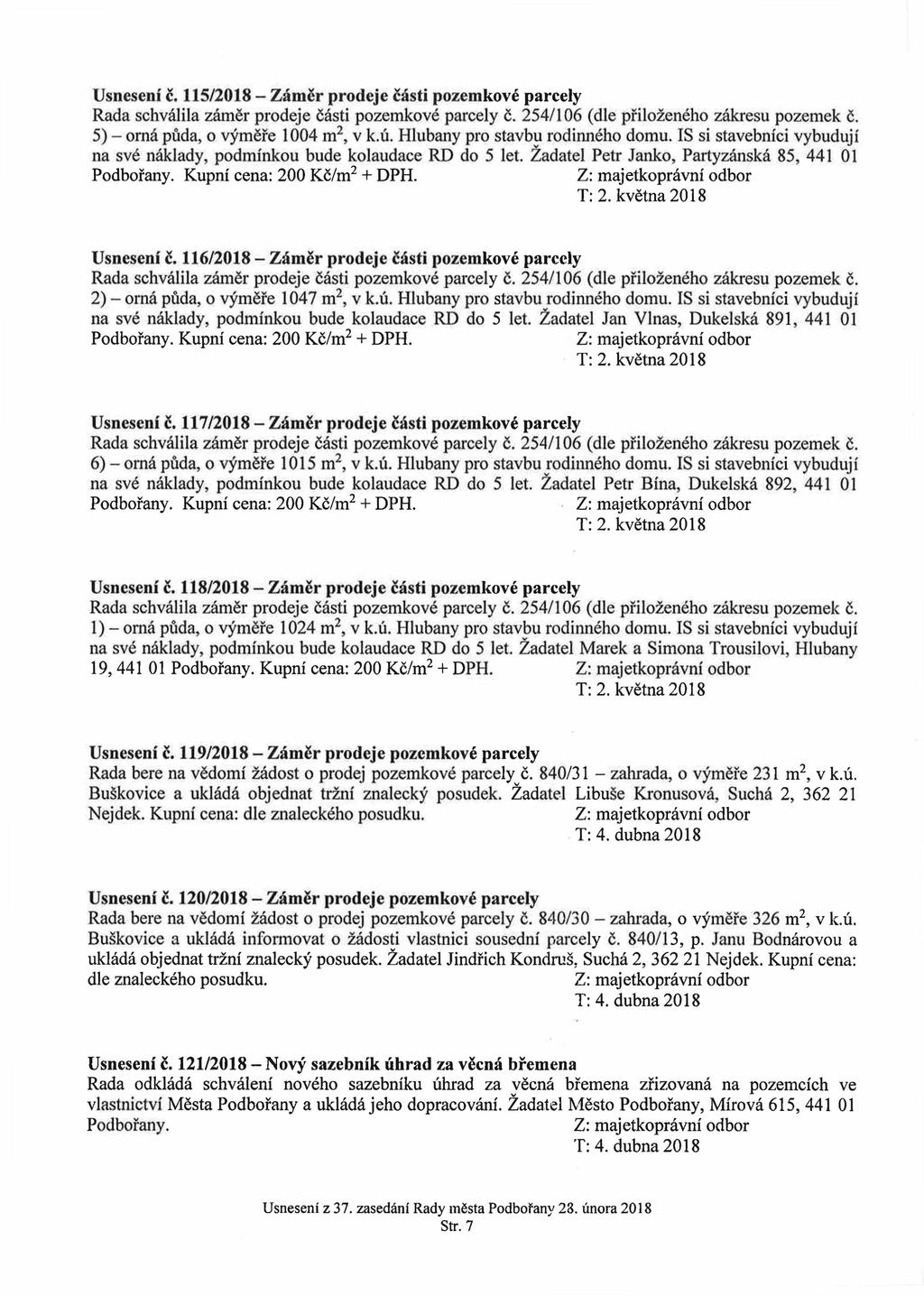 Usnesení č. 115/2018 - Zámér prodeje části pozemkové parcely Rada schválila záměr prodeje části pozemkové parcely ě. 254/106 (dle přiloženého zákresu pozemek č. 5) - orná půda, o výměře 1004 m2, v k.