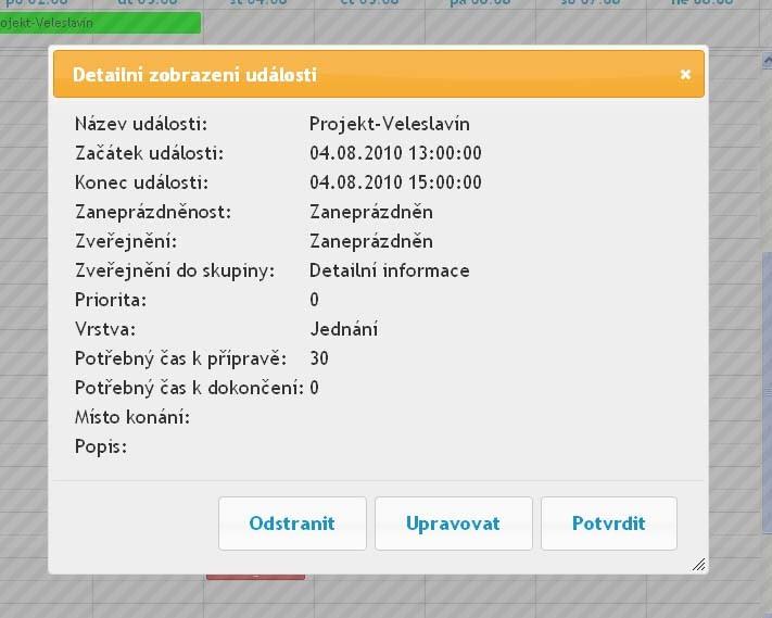 Obr. 18 dialog se zobrazením údajů o události c) Editace události Aplikace nám též umožňuje upravovat již vytvořené události, a to tak, že využijeme tlačítka v dialogu zobrazení události (obr. 18).