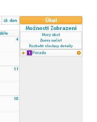 5) Úkoly V této kapitole si popíšeme práci s úkoly, což je akce, která má pouze termín ukončení. Veškerá správa úkolů se nachází v sekci napravo základního rozhraní.