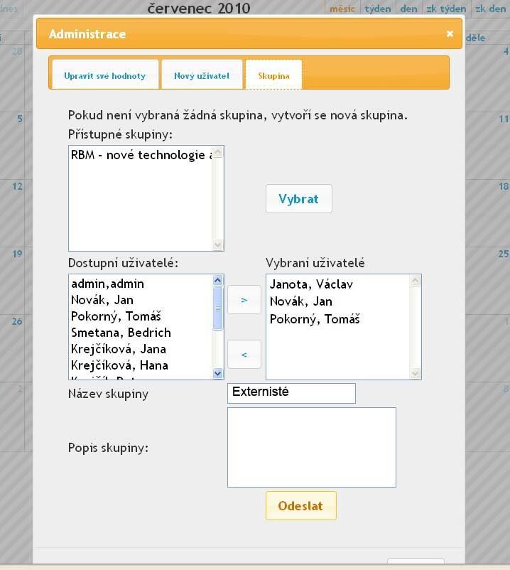 Obr. 5 vybrání skupiny Obr. 6 odebrání uživatele Uživatele, kterého chceme do skupiny přidat vybereme ze seznamu Dostupných uživatelů a stisknutím šipky vpravo se provede přidání do skupiny.