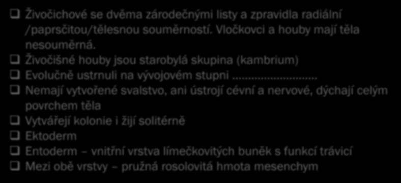 DIBLASTIKA Živočichové se dvěma zárodečnými listy a zpravidla radiální /paprsčitou/tělesnou souměrností. Vločkovci a houby mají těla nesouměrná.