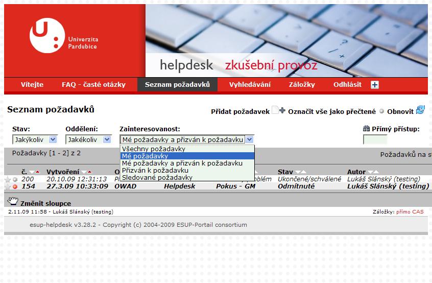 Po vyplnění formuláře požadavek vytvoříte ( ), čímž se automaticky odešle email správcům, kteří tento typ požadavku mají