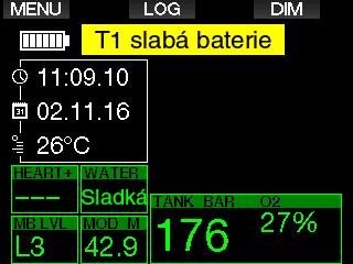 Vysílač se také vypne automaticky tehdy, je-li tlak v lahvi nižší než 14 barů/200 psi.