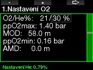Můžete provést odlišné nastavení ppo 2 pro dekompresní plyny. Maximální limit ppo 2 lze upravit v menu 2.4. ppo 2 max. 2.1.