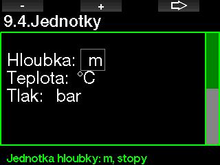 2.9.4 Nastavení uživatelských jednotek Zde si můžete nastavit jednotky pro hloubku, teplotu a tlak.