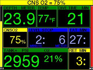 kyslíku. Dosáhne-li vypočtená hodnota CNS O 2 75 %, spustí G2 varování, které potrvá tak dlouho, dokud tato hodnota neklesne pod 75 %. 3.5.5 Zahájení dekomprese G2 může aktivovat výstrahu, když se objeví první povinná dekompresní zastávka.