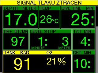 8 RBT = 3 min Ke včasnému upozornění na nízkou zásobu dýchací směsi vás může G2 upozornit v okamžiku, kdy RBT (zbývající čas na dně) klesne na 3 minuty.