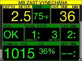 3.5.10 Zahájení zastávek Čeština Při potápění s jinou úrovní mikrobublin (MB) než L0 vás může G2 varovat v okamžiku, kdy vyprší MB bezzastávková fáze. Podrobnosti viz kapitolu: Potápění s úrovněmi MB.