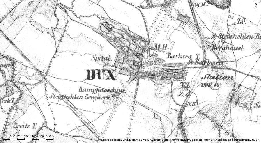 obr 2. historická mapa duchcova a okolí s patrnou budovou zbořeného špitálu Ve všech povrchových dolech již byla ukončena těžební činnost a byly zasypány výsypkovým materiálem.