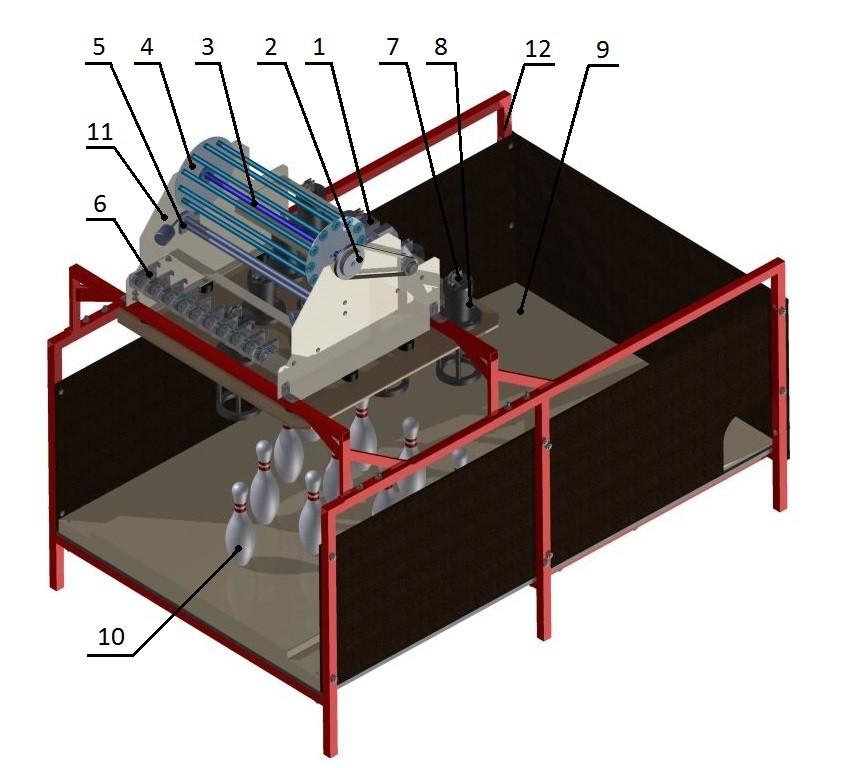 Obr. 7-3D pohled na provázkové zařízení Na dalším obr. 8 je znázorněno brzdný systém s protizávažnými tyčemi. Mezi protizávažnými tyčemi je mezera na provaz.