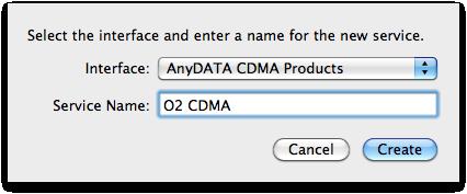 V tabulce, která se objeví, vyberte v řádku Interface položku AnyDATA CDMA products a do řádku Service Name napište O2 CDMA.