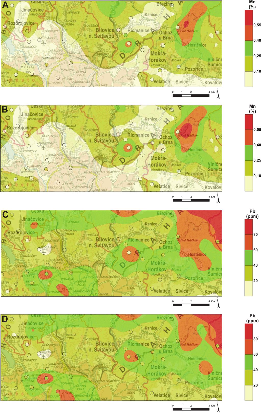 GEOL. VÝZK. MOR. SLEZ., BRNO 2013 Obr. 2: Porovnání mapy distribuce Mn metodou FAAS (A) a metodou PRFA (B) a mapy distribuce Pb metodou SRFA (C) a metodou PRFA (D).