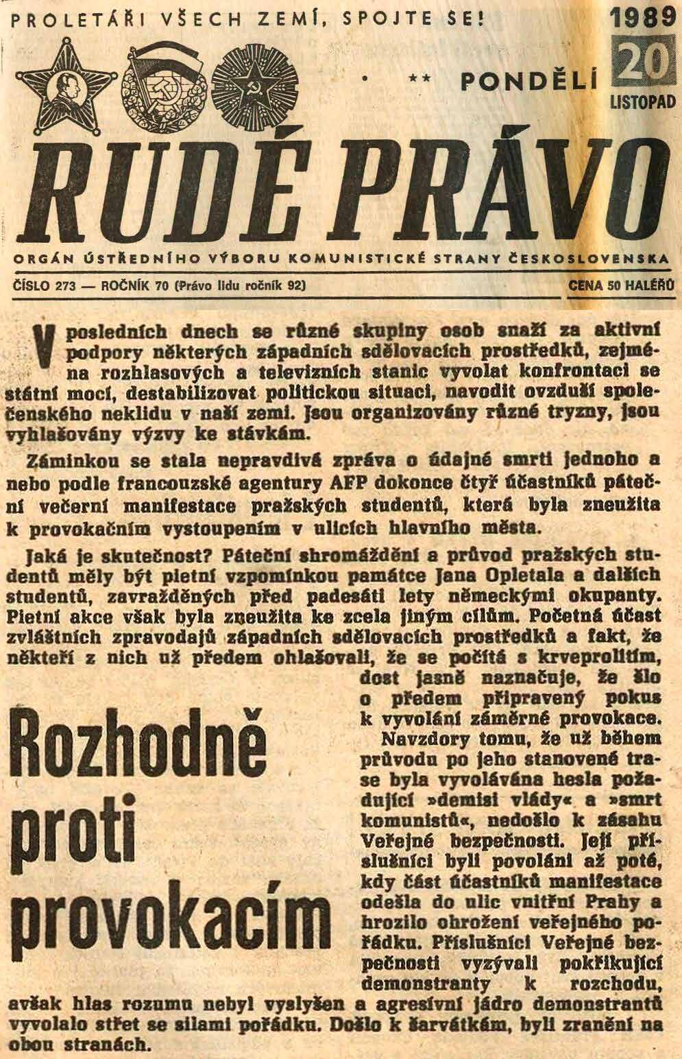 PRAMEN 3 Úvodník, novinový článek Rozhodně proti provokacím, deník Rudé právo,