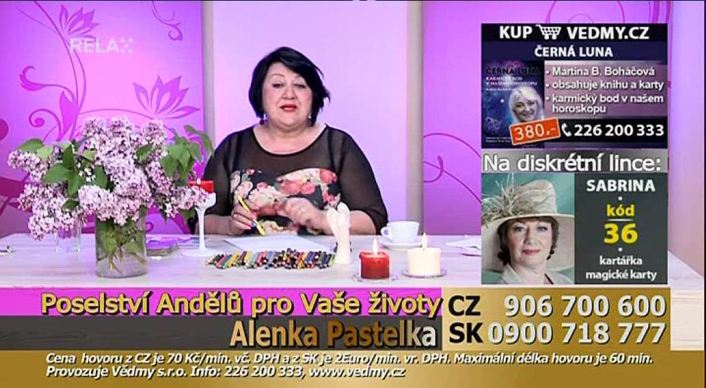 Jak je vidět, dolní lišta obsahovala v textové formě téma vysílání Poselství Andělů pro Vaše životy a jméno moderátorky Alenka Pastelka. Zbylá část již vyjadřovala teleshoppingovou nabídku, tj.