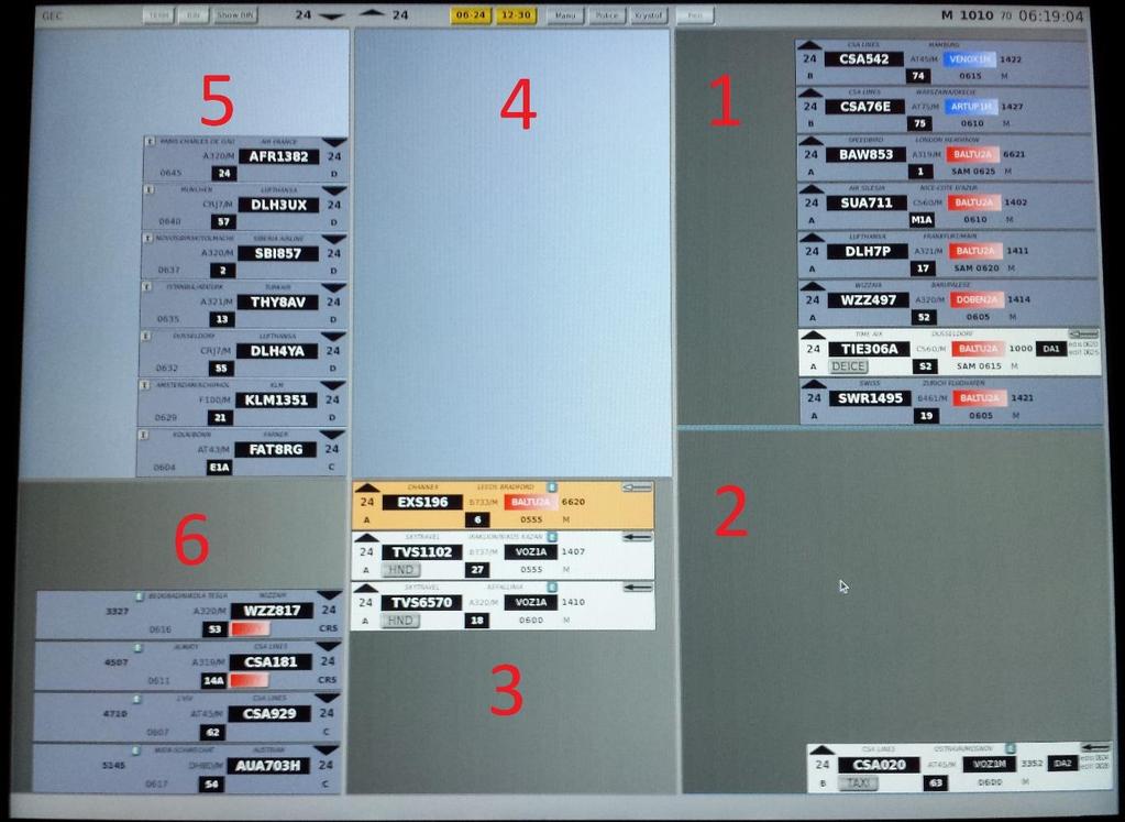 2. V okně č. 2 (Active Departure Area) jsou tedy stripy letadel, které jsou na spojení s pracovníkem CDD a které žádají odletové povolení a povolení ke spouštění motorů.