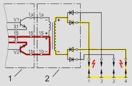 Zapalovací cívka s dvojitou jiskrou Obr. 3: Systém zapalování s cívkou s dvojitou jiskrou 1. Řídicí jednotka elektronického zapalování 2. Zapalovací cívka 3.