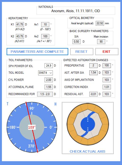 Pokud jsou vstupní data správně vyplněna, lze tlačítkem PARAMETERS ARE COMPLETE nechat software zpětně vypočítat všechny parametry operačního plánu dle aktuální metodiky.