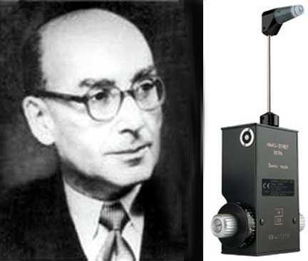 Obr. 2 Dr. Hans Goldmann a jeho aplanační tonometr Obr.