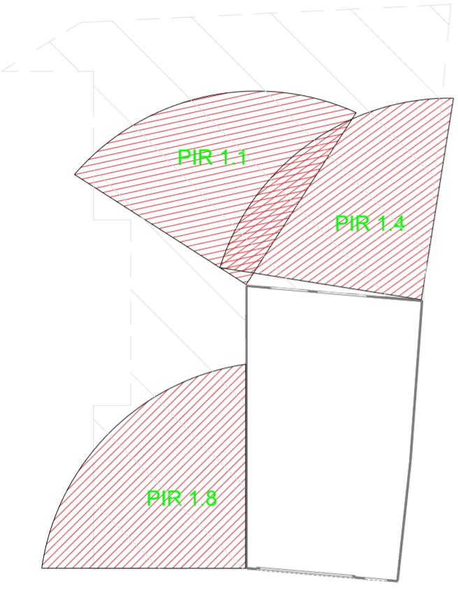 UTB ve Zlíně, Fakulta aplikované informatiky 69 5.1.15 Dosahy venkovních PIR detektorů Pro ukázku jsou v následujícím obrázku znázorněny dosahy jednotlivých venkovních PIR detektorů.