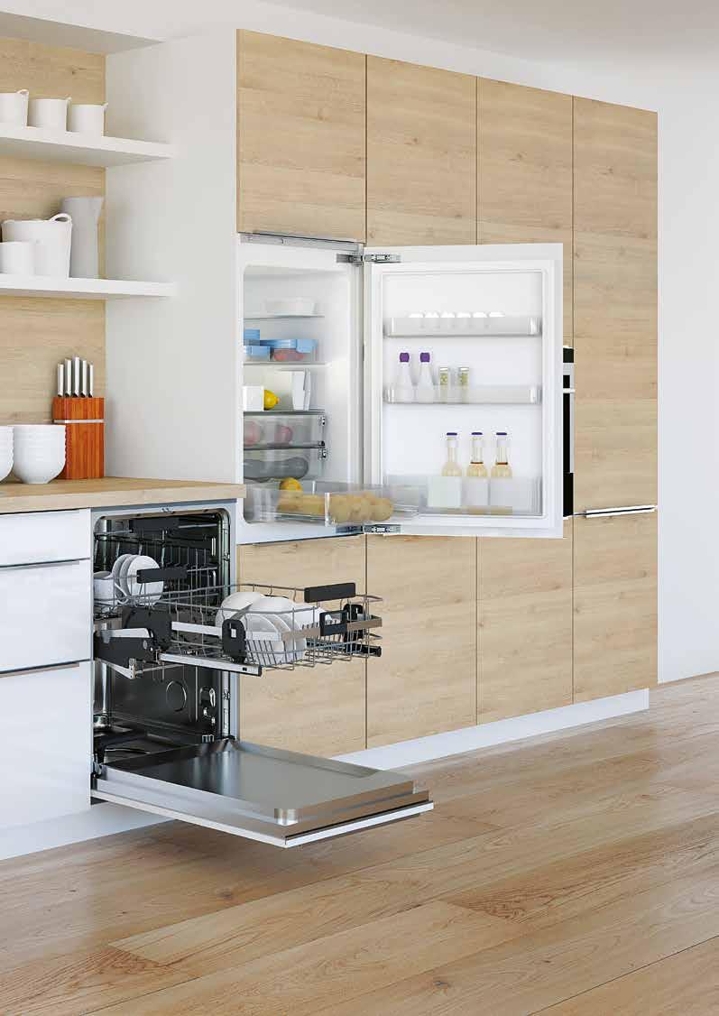 1. Elektromechanická podpora otvírání Easys: Otvírá dveře chladničky spolehlivě a bezpečně. 2. Výsuvy Quadro Compact se Silent System: Úplný přístup k prostorům chlazeným i mraženým. 3.