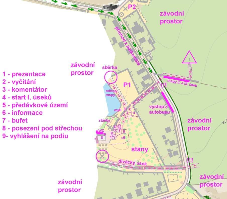 Zakázané prostory: Platí zákaz vstupu do oplocenek a na soukromé pozemky vyznačené v mapě symboly: 412 kultivovaná plocha (pole), 520 privát, 709 nepřístupná oblast. Je zakázáno běhat po silnici 3.