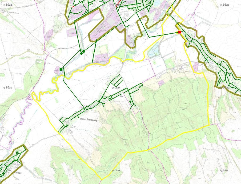 E. KANALIZACE A ČOV Mapa E1: Kanalizace - rozvody v obci Trasování sítí, lokalizace ČOV, čerpací stanice (ČS), výústě Obec: Dolní Studénky Legenda: Kanalizace: Ochranné pásmo: Vyústění: do 2015 po