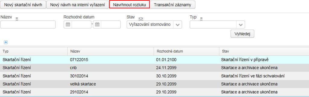 Spisovna V tomto případě se v pohledu Skartační návrhy založí návrh spisové rozluky pomocí tlačítka <Navrhnout rozluku>. obr 213.