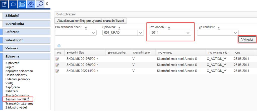 Uživatelská příručka SpS POU a klikněte na tlačítko <Vyhledej>. Zobrazí se hromadně konflikty za všechny skartační návrhy za uvedené období tj. období může obsahovat více skartačních návrhu. obr 232.