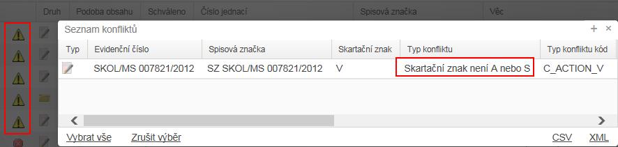 Spisovna obr 236. Znovu předání k posouzení po odstranění všech blokujících konfliktů Pokud je u balíčku nalezen informativní konflikt, zobrazí se u něj indikátor konfliktu.