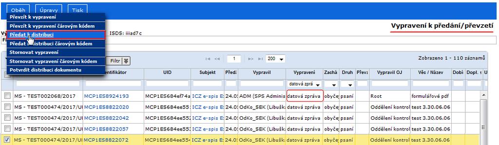 Výpravna obr 46. Okno převzetí vypravení dokumentu pomocí čtečky čárového kódu Po zadání čárových kódů všech přebíraných vypravení kliknete na tlačítko [Odeslat].