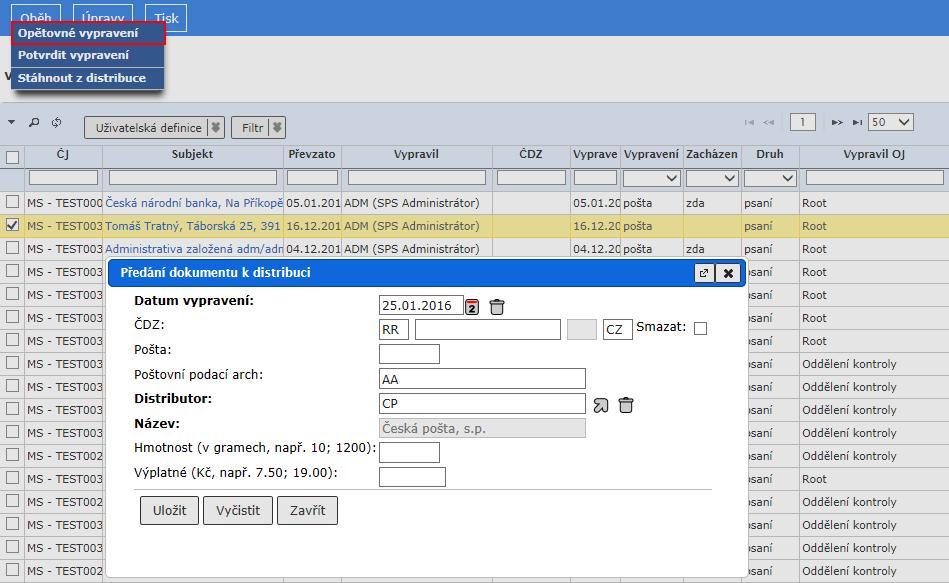 Výpravna obr 68. Oprava předání vypravení do distribuce Postup Ve složce (Výpravna / V distribuci) označte jedno vypravení a v menu zvolte příkaz <Oběh / Opětovné vypravení>.