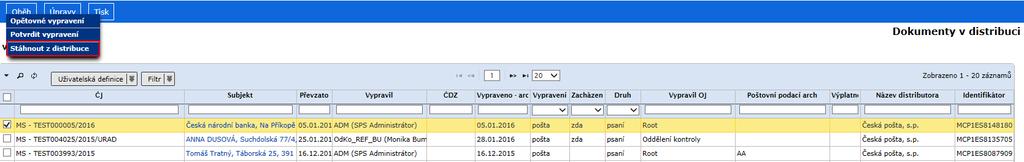 Stažení vypravení z distribuce Referent pracovník výpravny může ze složky (Výpravna / V distribuci) také stáhnout ta vypravení, které nebude předávat distributorovi (předání kurýrovi, odnesení