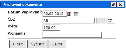 Otevře se dialogové okno Vypravení dokumentu pro zápis datumu, ČDZ a pošty. obr 72. Zápis ČDZ ze záložky Vypravení Údaje o vypravení potvrdíte tlačítkem [Uložit].