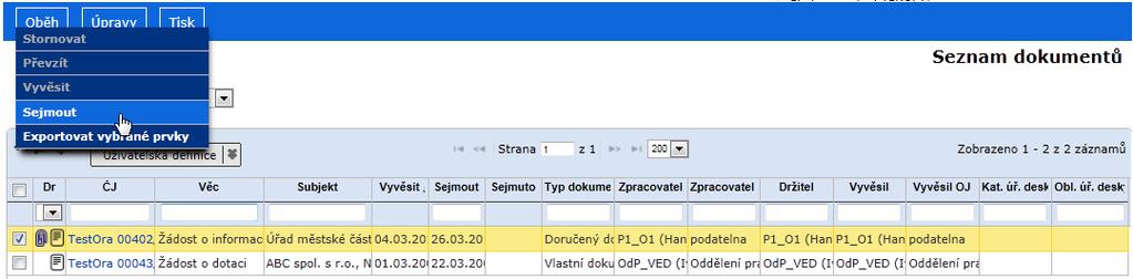 Po sejmutí přímého vyvěšení dokumentu je systémem změněn stav dokumentu z Vyvěšeno na Zpracování.