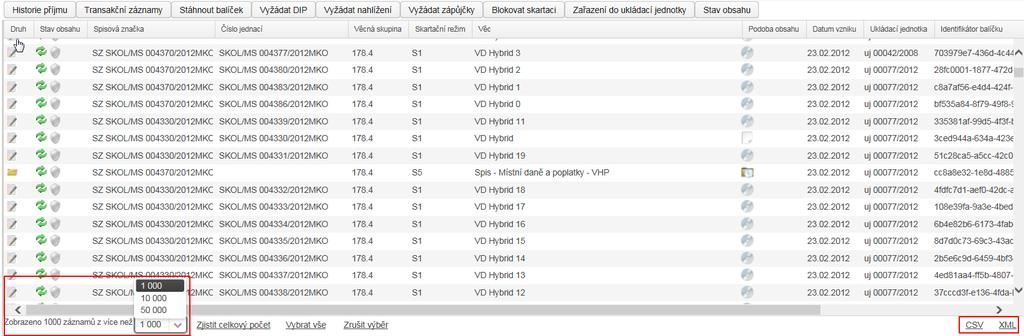 Defaultně je seznam nastaven na 1 000 záznamů na obrazovku. Maximální počet je 50 000.