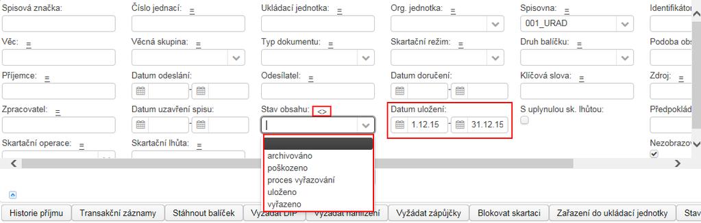 Spisovna obr 103. Možnosti filtru 6.2. Převzetí objektů do spisovny Převzetí objektů k trvalému uložení do spisovny předchází nejprve jejich předání z pozice referentů a sekretariátů.