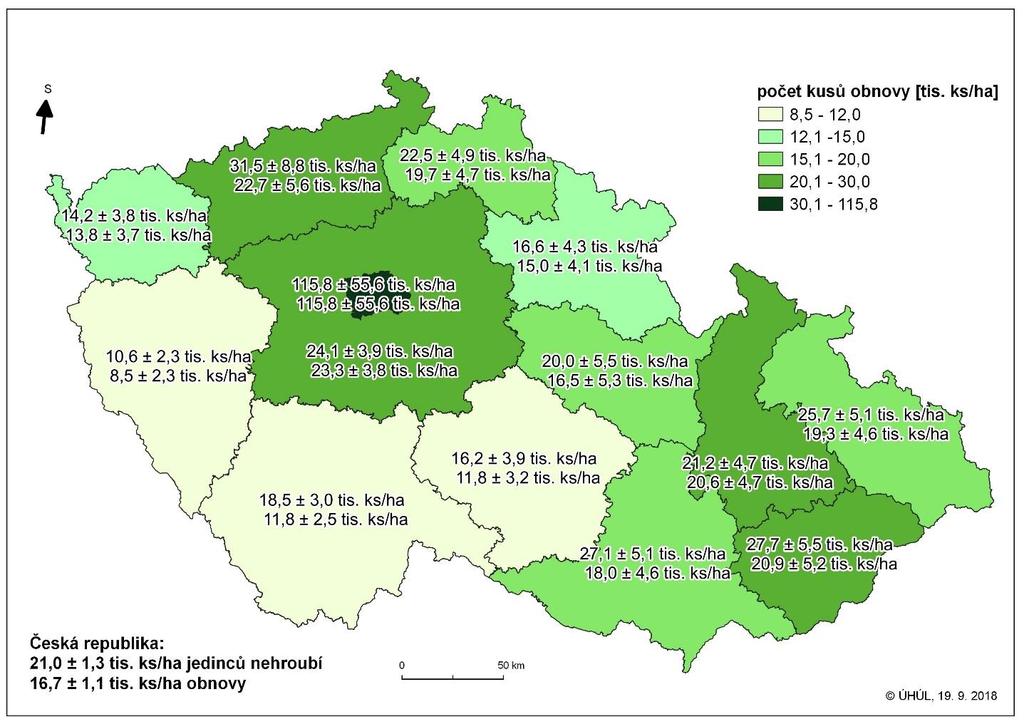 ± 2,5 tis. ks/ha) a Kraji Vysočina (11,8 ± 3,2 tis. ks/ha). Jedná se zároveň o kraje s nejvyšším zastoupením jehličnanů.