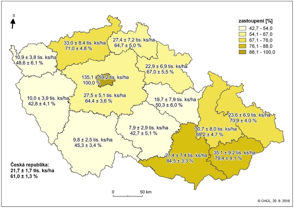 Kartogram 4: Zastoupení a hektarová hustota jehličnanů na hektar obnovy v krajích, období NIL2 (2011