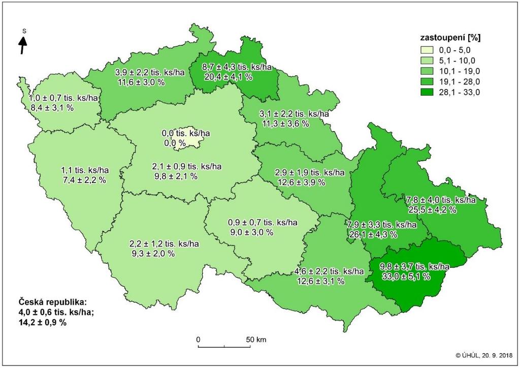 2015) Kartogram 8: Zastoupení a hektarová hustota buku