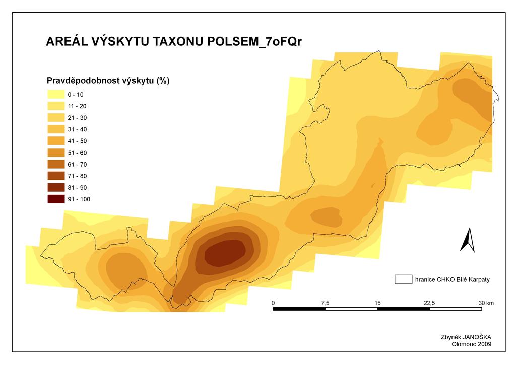 Celkem bylo sestrojeno v rámci práce 9 map současných areálů rozšíření a 8 simulací, předpokládajících vymýcení určitých druhů.